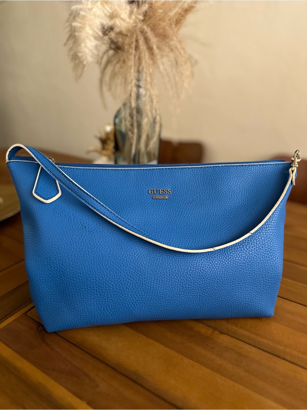 Guess Electric Blue Pebbled Shoulder Bag with White Trim